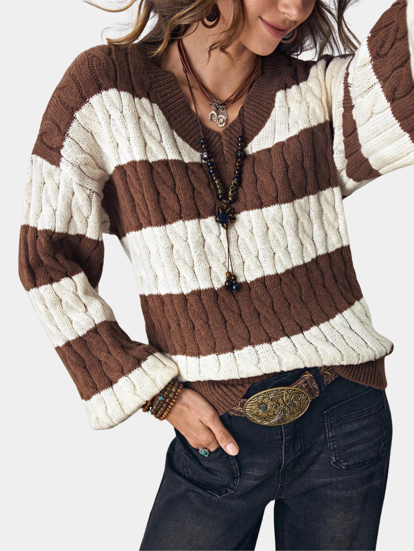 Classic Cable-Knit Striped Sweater - LoakesBalvin