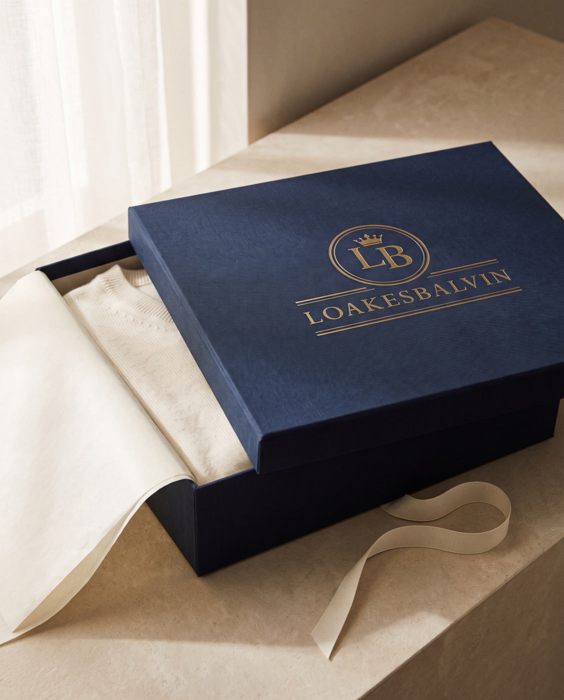 A navy LoakesBalvin gift box with the gold LB crest on the lid, opened to show a cream knit in tissue paper